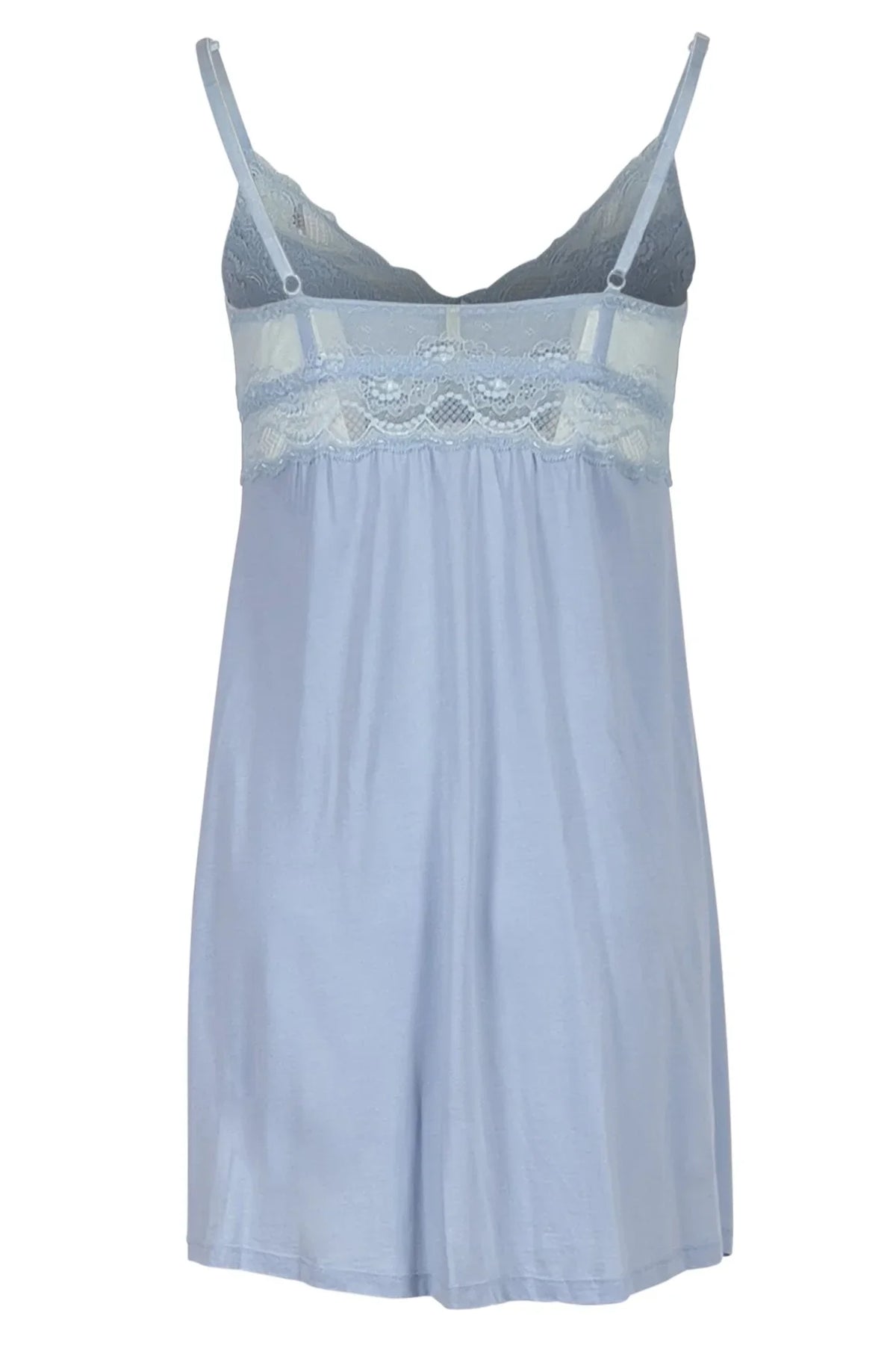 Light blue ladies nightgown with lace detailing and adjustable straps on white background