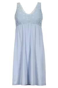 Light blue nightgown with lace detailing on the upper bust and shoulders