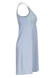 Light blue sleeveless nightgown with lace detail on chest, soft fabric sleepwear
