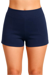 women's navy blue fitted athletic shorts with high waistband and front pockets