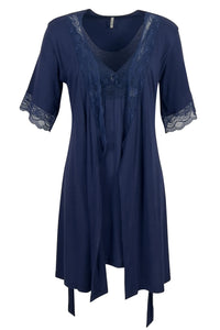 Indigo blue women's nightgown with lace trim on neckline and sleeve cuffs