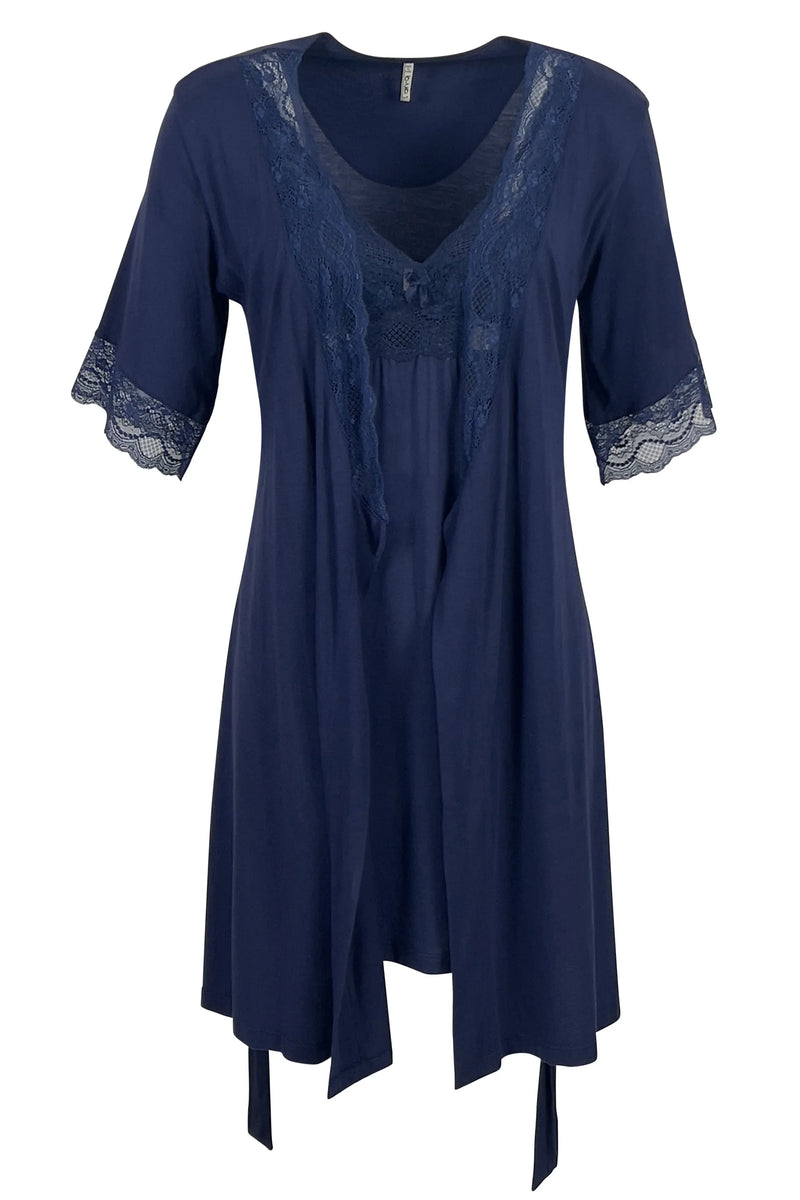 Indigo blue women's nightgown with lace trim on neckline and sleeve cuffs