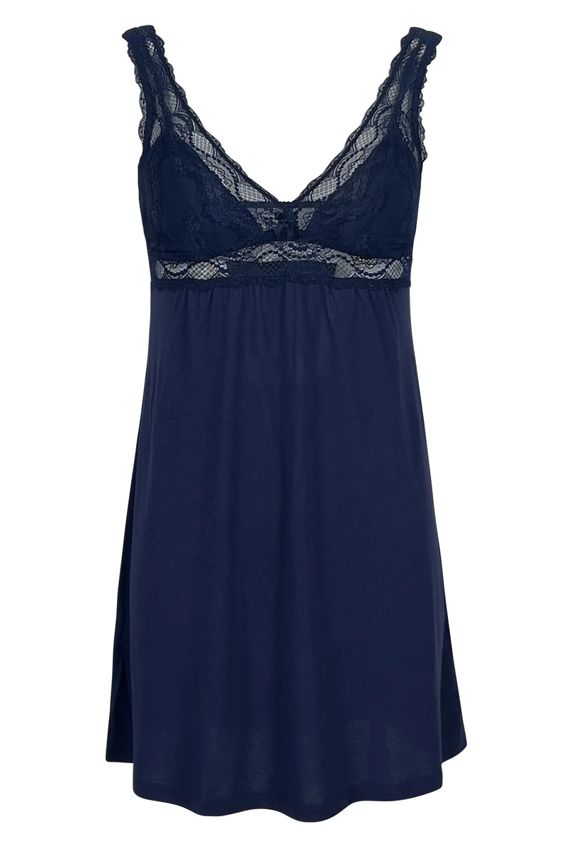 Indigo blue lace-trimmed sleeveless nightdress with a V-neckline and flowy skirt