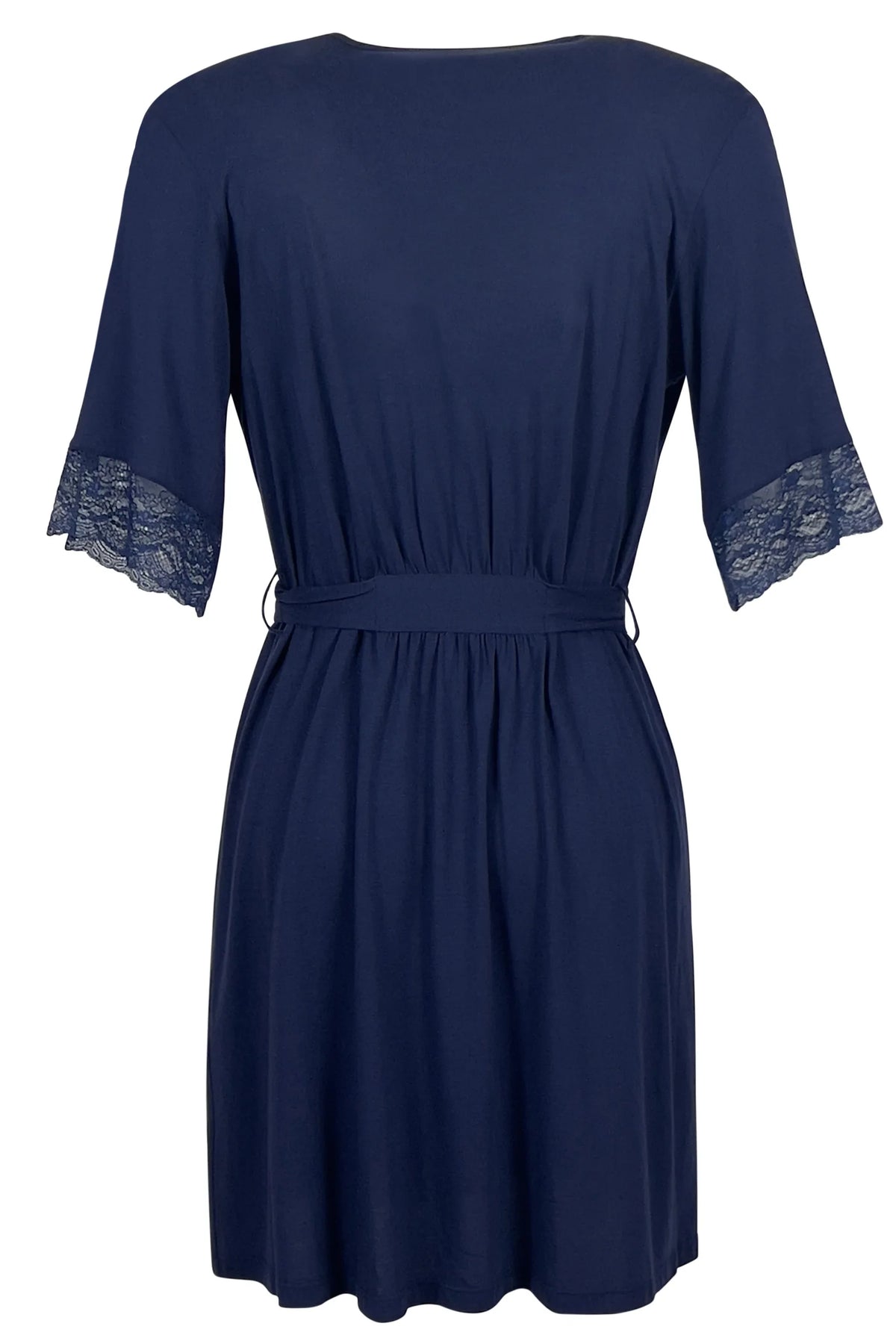 Indigo blue dress with lace-trimmed elbow sleeves and a gathered waist belt