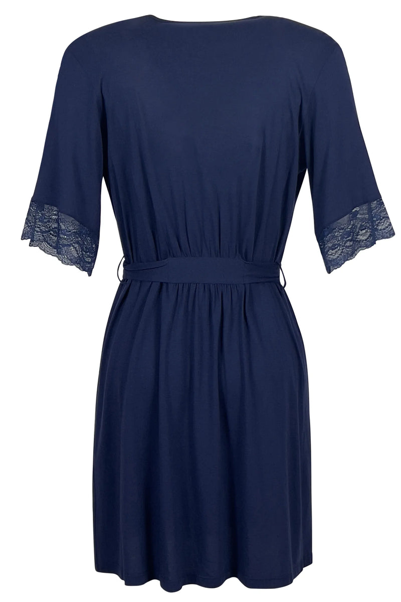 Indigo blue dress with lace-trimmed elbow sleeves and a gathered waist belt