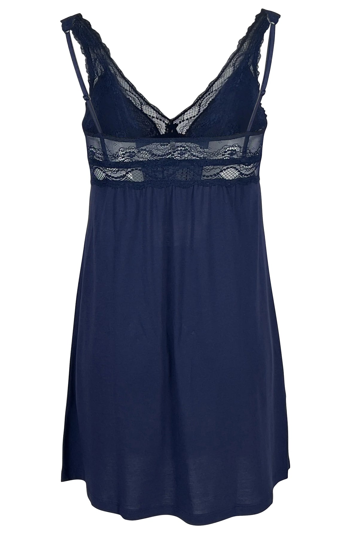 Indigo blue lace trim sleeveless nightdress with adjustable straps isolated on white
